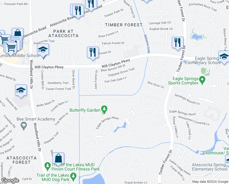 map of restaurants, bars, coffee shops, grocery stores, and more near 4938 Conifer Ridge Way in Humble