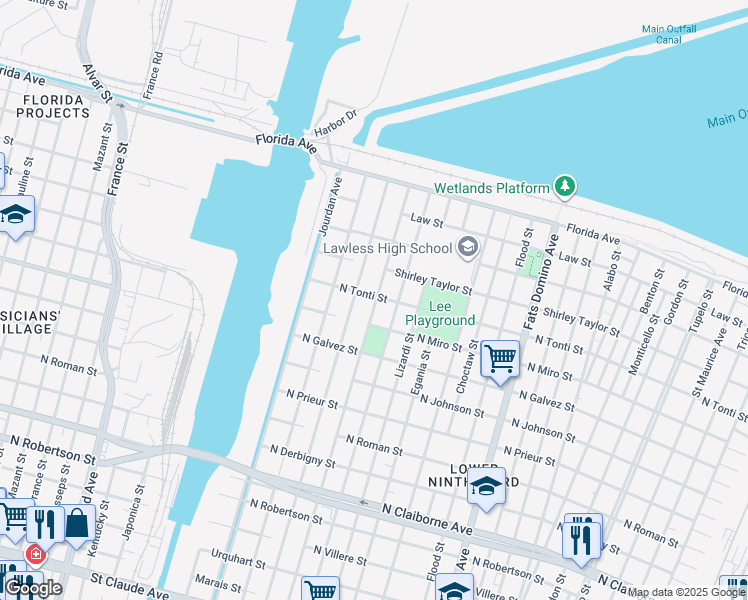map of restaurants, bars, coffee shops, grocery stores, and more near 2231 Reynes Street in New Orleans
