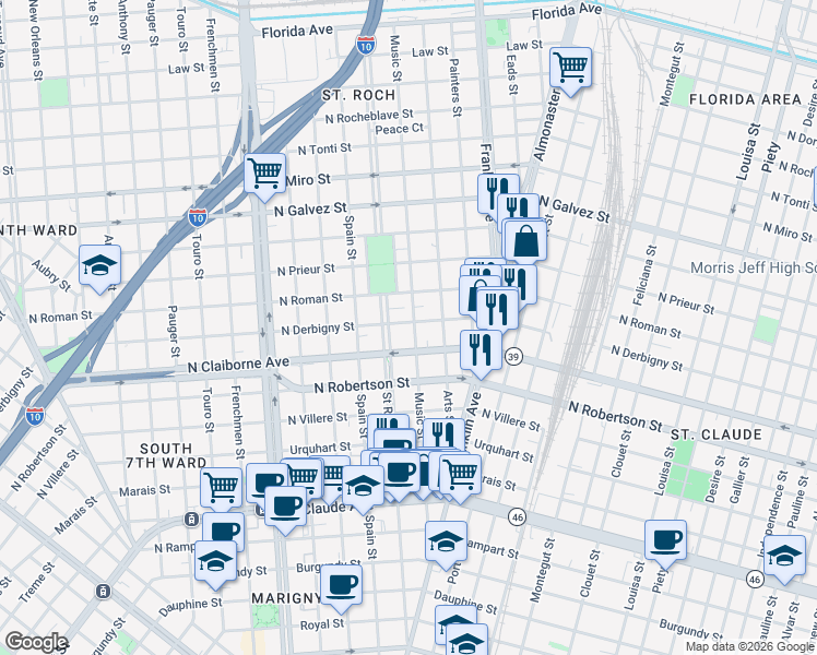 map of restaurants, bars, coffee shops, grocery stores, and more near in New Orleans