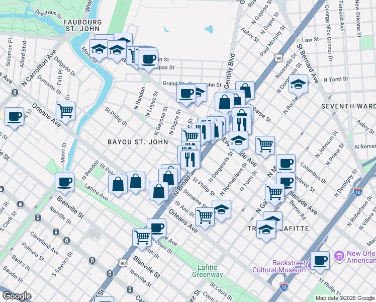 map of restaurants, bars, coffee shops, grocery stores, and more near 2734 Belle Chasse Street in New Orleans