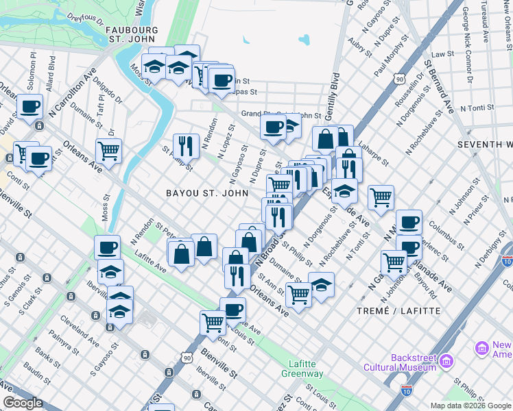 map of restaurants, bars, coffee shops, grocery stores, and more near 2823 Saint Philip Street in New Orleans
