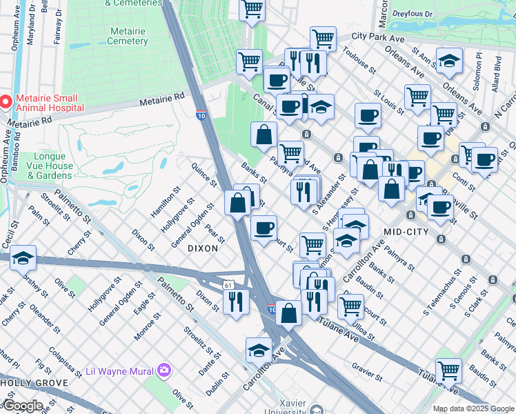 map of restaurants, bars, coffee shops, grocery stores, and more near 511 South Olympia Street in New Orleans