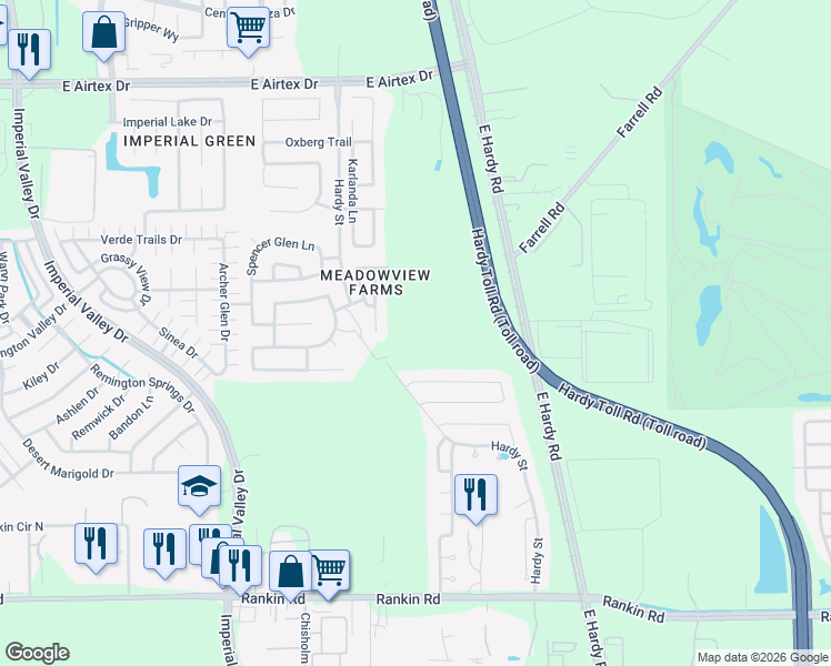 map of restaurants, bars, coffee shops, grocery stores, and more near 1419 Rising Spring Lane in Houston