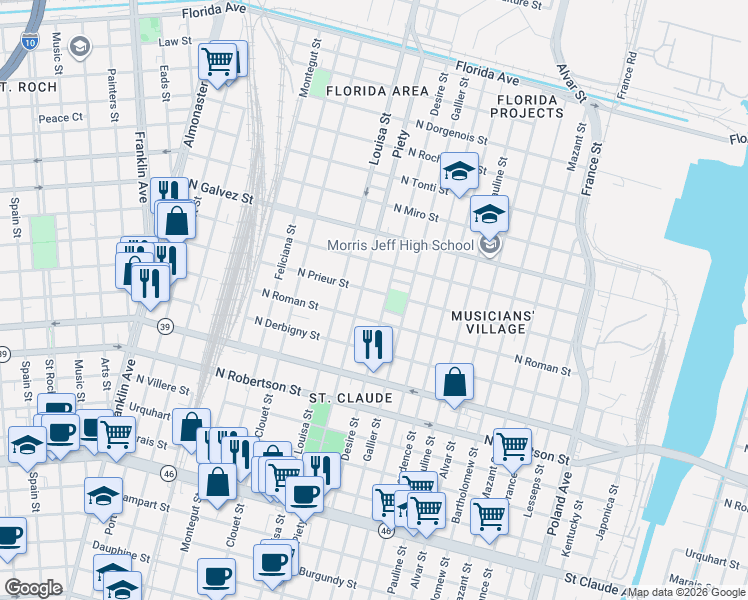 map of restaurants, bars, coffee shops, grocery stores, and more near 1819 Piety Street in New Orleans