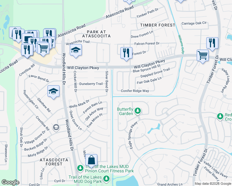 map of restaurants, bars, coffee shops, grocery stores, and more near 4700 Conifer Ridge Way in Humble
