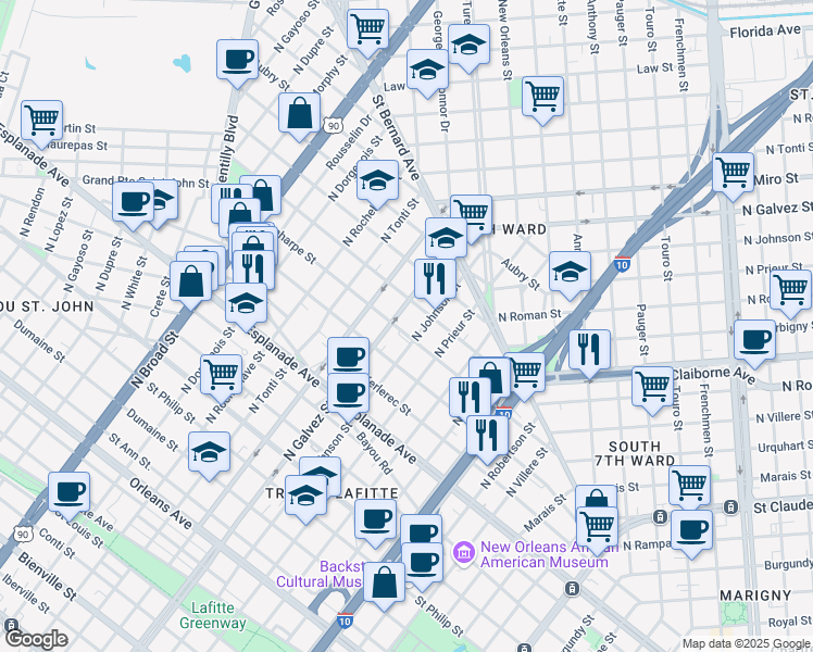 map of restaurants, bars, coffee shops, grocery stores, and more near 2021 Laharpe Street in New Orleans