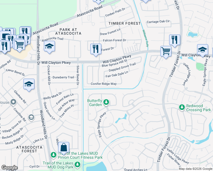 map of restaurants, bars, coffee shops, grocery stores, and more near 4830 Conifer Ridge Way in Atascocita
