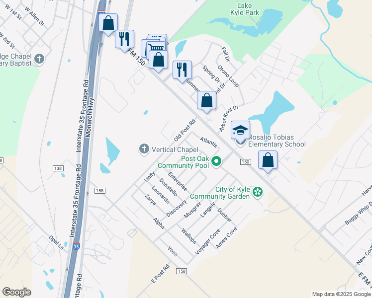 map of restaurants, bars, coffee shops, grocery stores, and more near 128 Challenger in Kyle