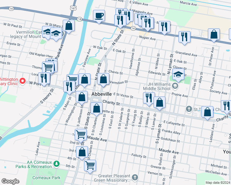 map of restaurants, bars, coffee shops, grocery stores, and more near 309 East Saint Victor Street in Abbeville