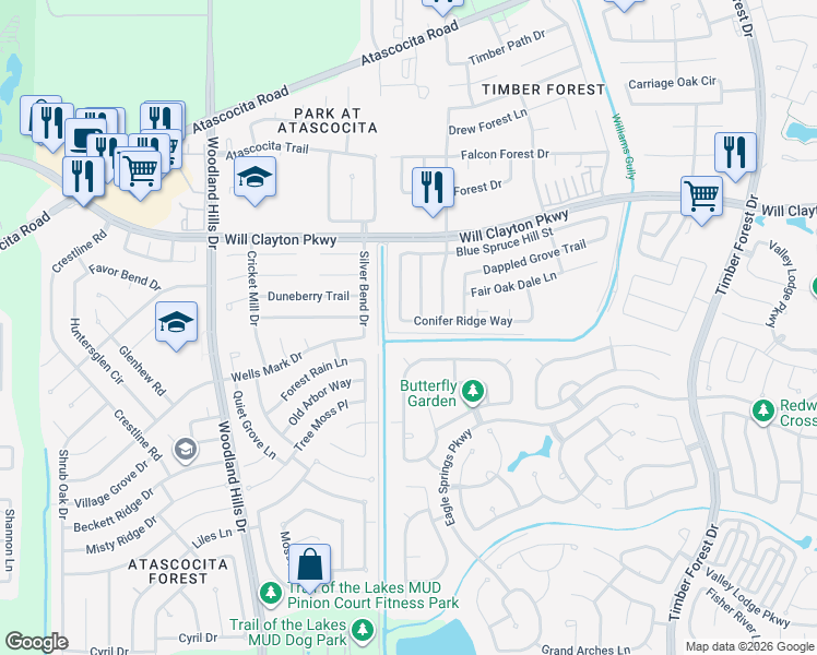 map of restaurants, bars, coffee shops, grocery stores, and more near 4710 Conifer Ridge Way in Humble