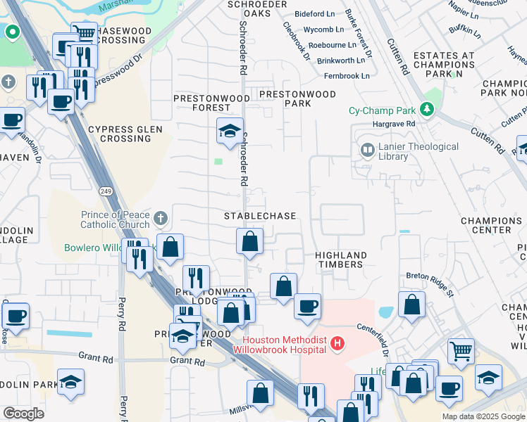 map of restaurants, bars, coffee shops, grocery stores, and more near 13504 Norte Street in Houston