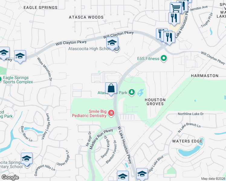 map of restaurants, bars, coffee shops, grocery stores, and more near 17407 West Lake Houston Parkway in Atascocita