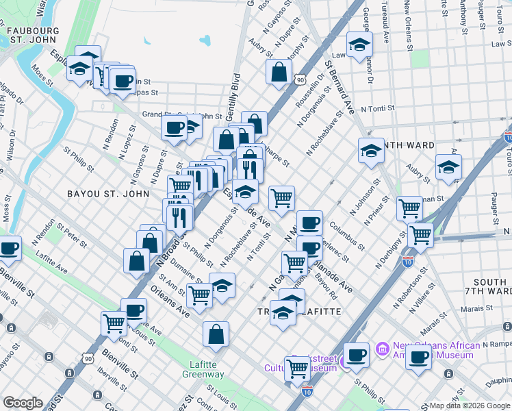 map of restaurants, bars, coffee shops, grocery stores, and more near in New Orleans