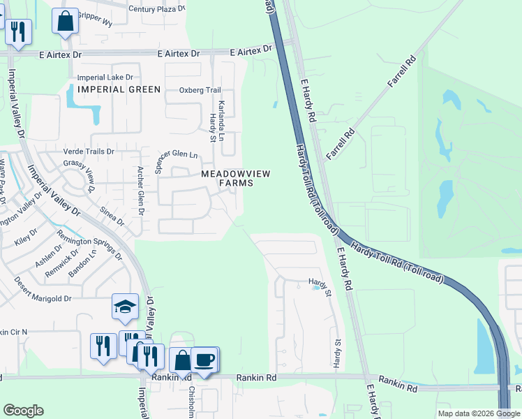 map of restaurants, bars, coffee shops, grocery stores, and more near 1419 Rising Spring Lane in Houston