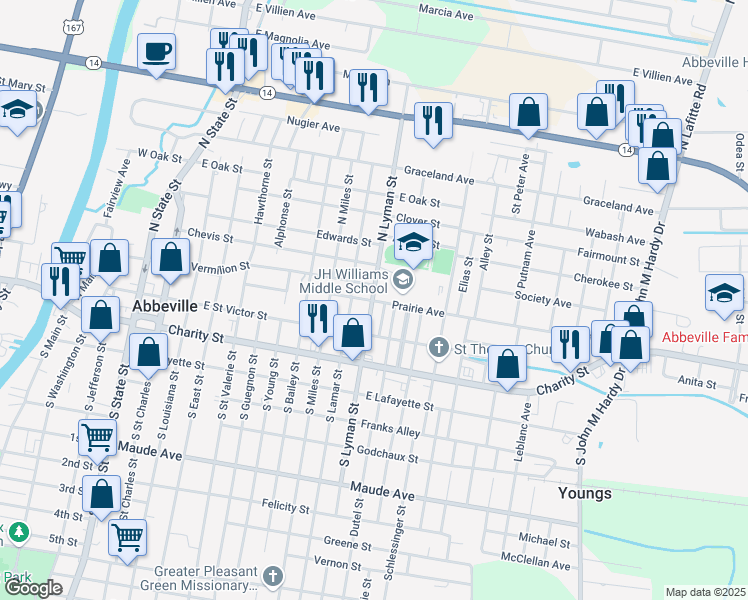 map of restaurants, bars, coffee shops, grocery stores, and more near 1105 Prairie Avenue in Abbeville