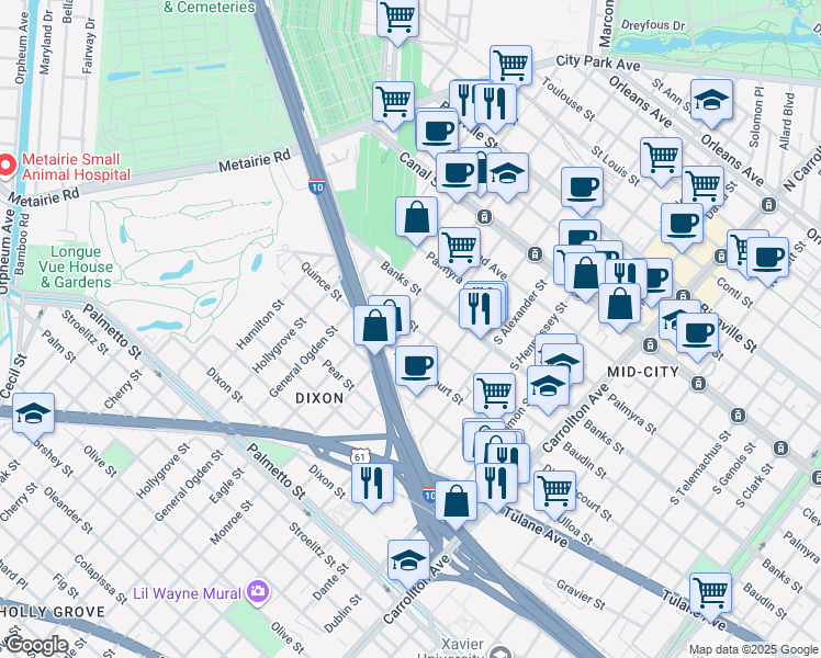 map of restaurants, bars, coffee shops, grocery stores, and more near 511 South Olympia Street in New Orleans