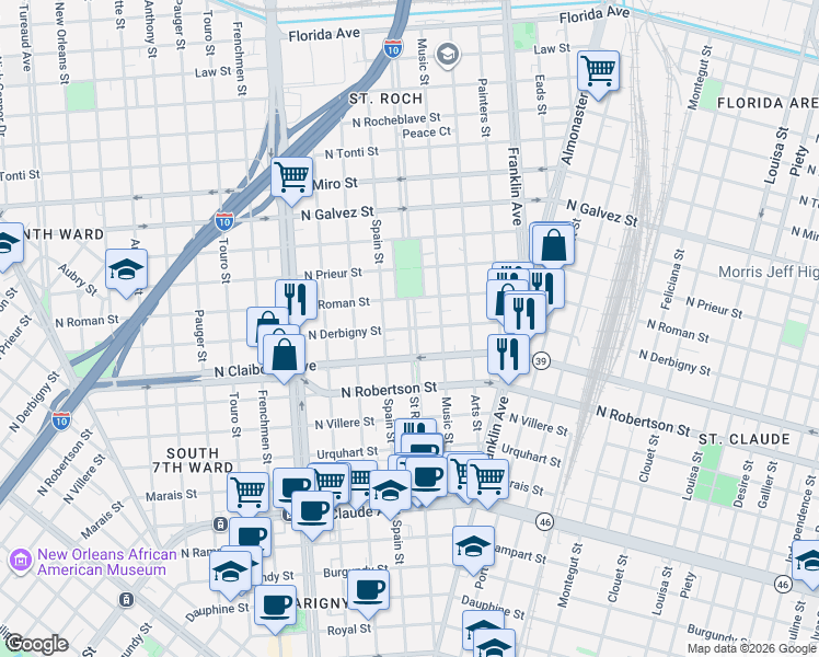 map of restaurants, bars, coffee shops, grocery stores, and more near St Roch Ave & N Derbigny St in New Orleans
