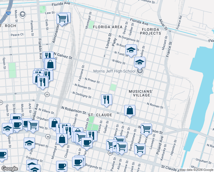 map of restaurants, bars, coffee shops, grocery stores, and more near 1819 Piety Street in New Orleans