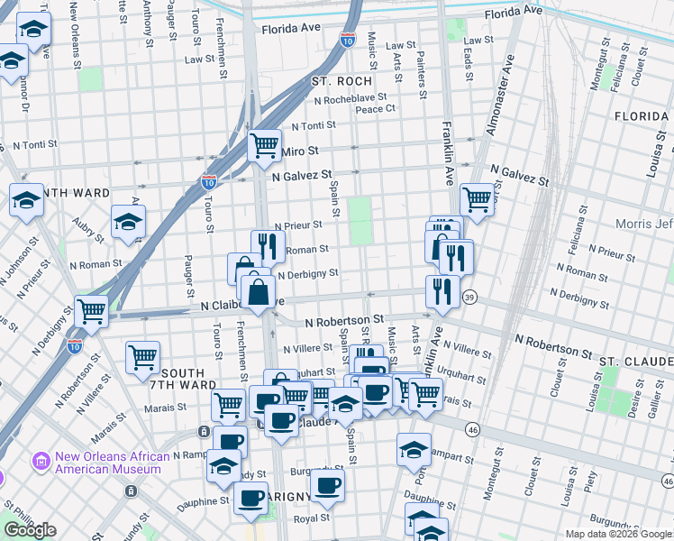 map of restaurants, bars, coffee shops, grocery stores, and more near 1628 Spain Street in New Orleans