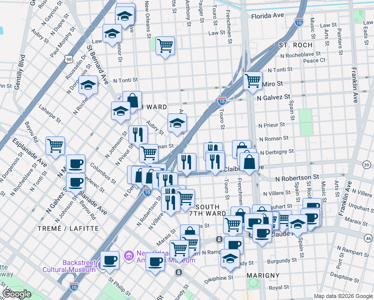 map of restaurants, bars, coffee shops, grocery stores, and more near 1705 Annette Street in New Orleans
