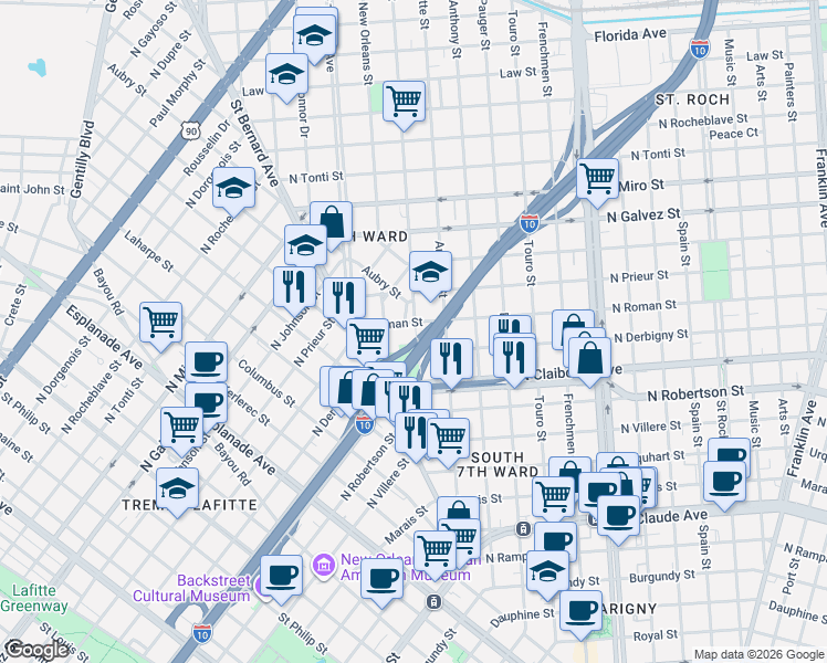 map of restaurants, bars, coffee shops, grocery stores, and more near 1710 Allen Street in New Orleans