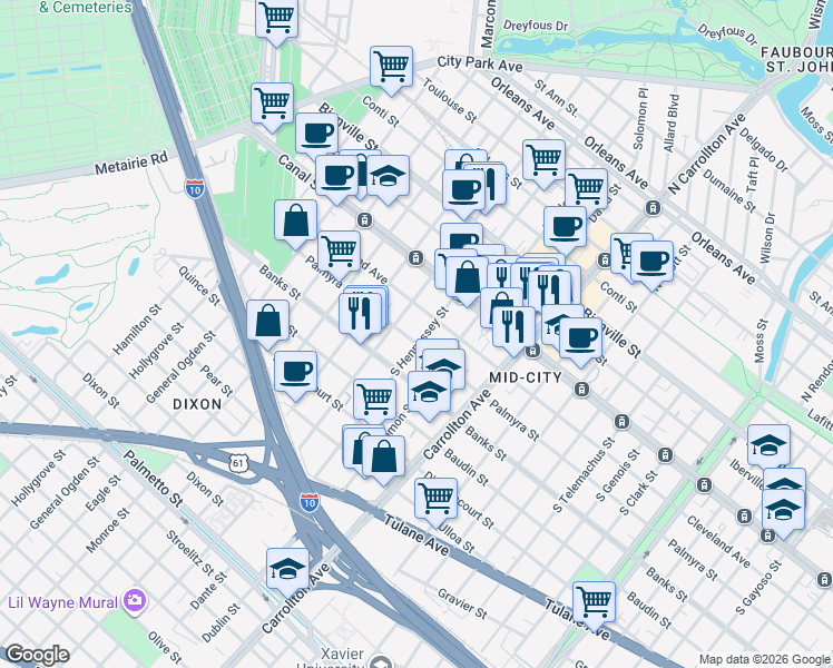 map of restaurants, bars, coffee shops, grocery stores, and more near 305A South Hennessey Street in New Orleans
