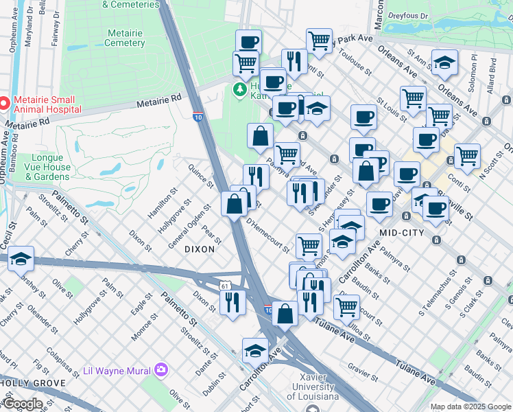map of restaurants, bars, coffee shops, grocery stores, and more near 511 South Olympia Street in New Orleans