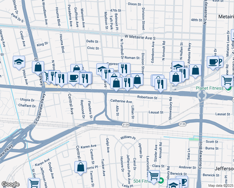 map of restaurants, bars, coffee shops, grocery stores, and more near 3813 Catherine Avenue in Metairie