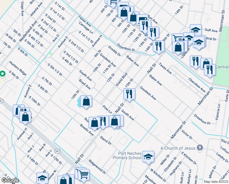 map of restaurants, bars, coffee shops, grocery stores, and more near 2635 Grand Boulevard in Port Neches