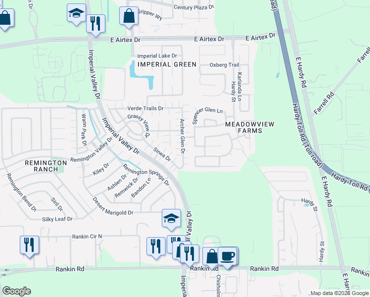 map of restaurants, bars, coffee shops, grocery stores, and more near 1303 Seagler Pond Lane in Houston