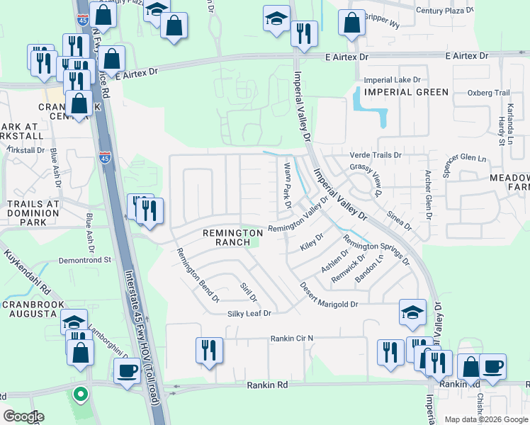 map of restaurants, bars, coffee shops, grocery stores, and more near 19313 Richland Springs Dr in Houston