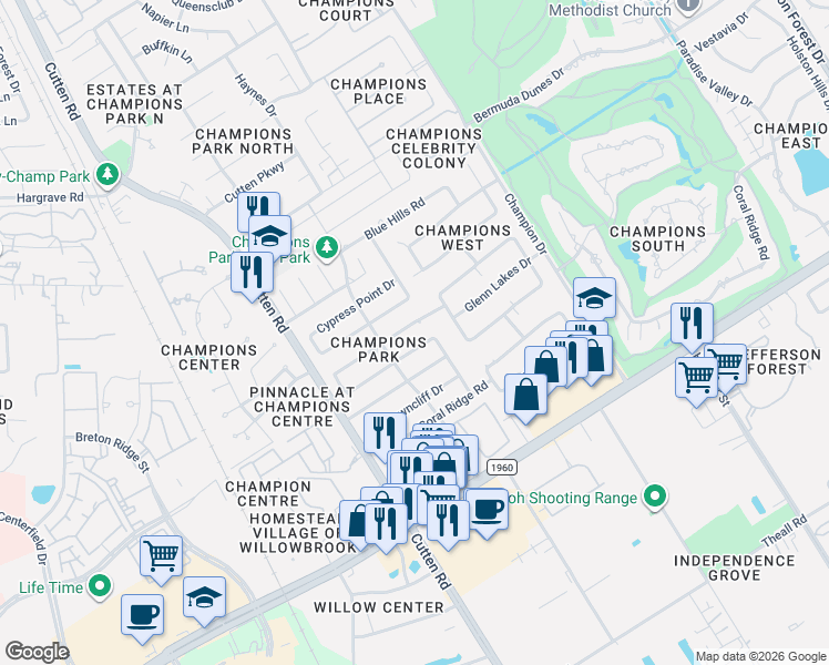 map of restaurants, bars, coffee shops, grocery stores, and more near 6718 Mossridge Drive in Houston