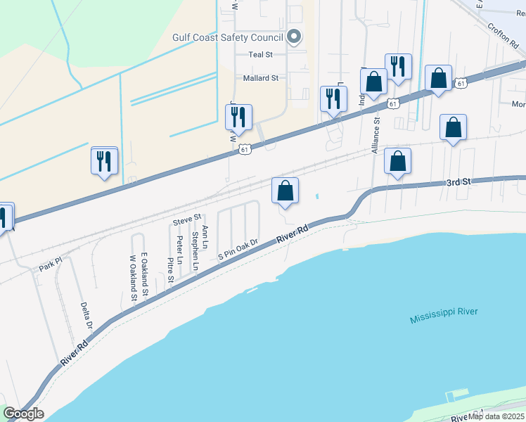 map of restaurants, bars, coffee shops, grocery stores, and more near 216 East Pin Oak Drive in Saint Rose