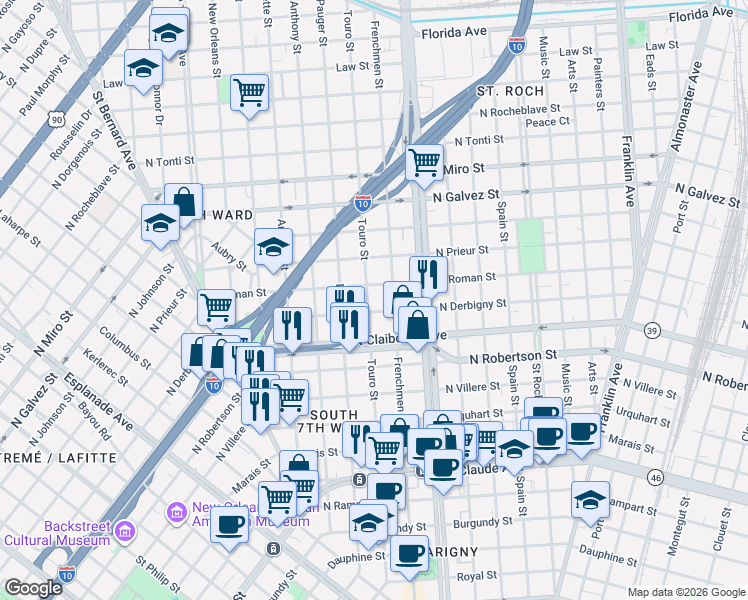 map of restaurants, bars, coffee shops, grocery stores, and more near 1702 Touro Street in New Orleans