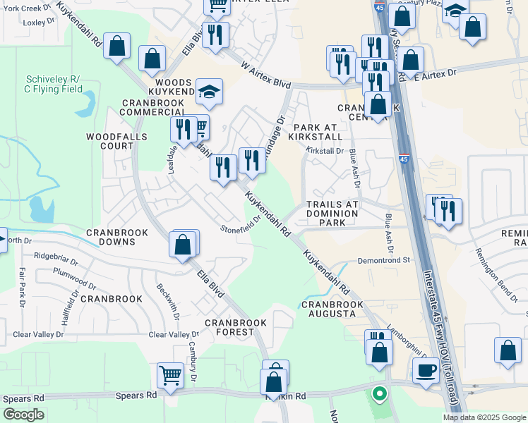 map of restaurants, bars, coffee shops, grocery stores, and more near 13075 Kuykendahl Road in Houston