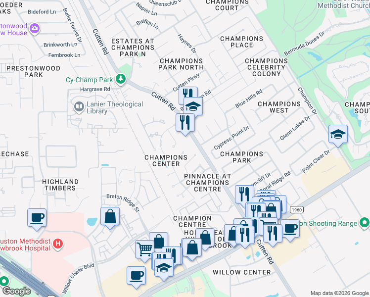 map of restaurants, bars, coffee shops, grocery stores, and more near 7007 Briton Centre Court in Houston