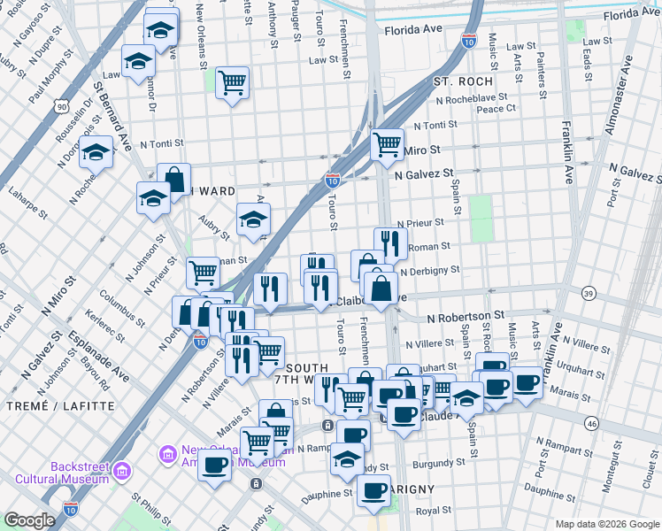 map of restaurants, bars, coffee shops, grocery stores, and more near 1702 Touro Street in New Orleans