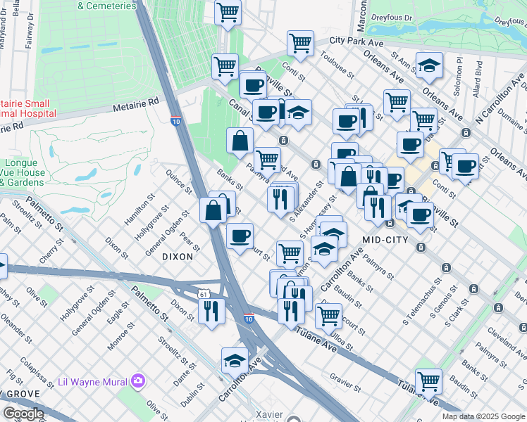 map of restaurants, bars, coffee shops, grocery stores, and more near 423 South Murat Street in New Orleans