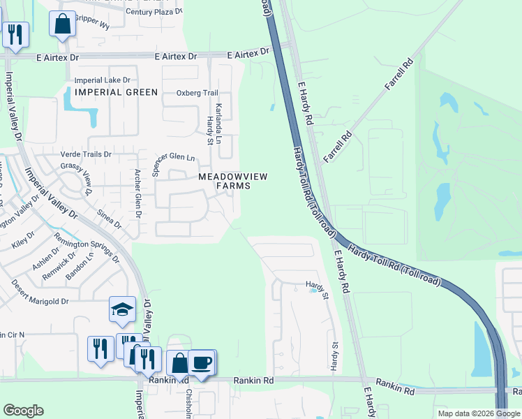 map of restaurants, bars, coffee shops, grocery stores, and more near 1419 Rising Spring Lane in Houston