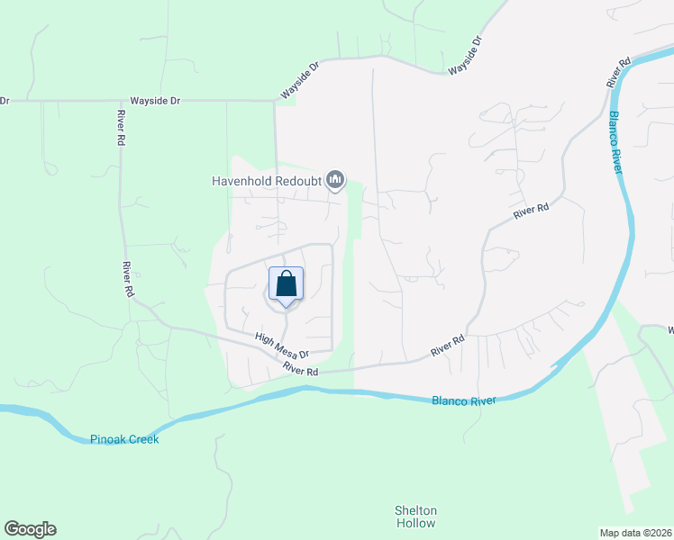 map of restaurants, bars, coffee shops, grocery stores, and more near 414 High Mesa Drive in Wimberley