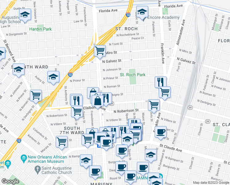 map of restaurants, bars, coffee shops, grocery stores, and more near 2269 North Derbigny Street in New Orleans