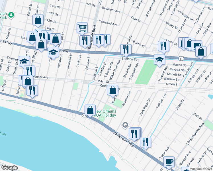 map of restaurants, bars, coffee shops, grocery stores, and more near 625 Wilker Neal Avenue in River Ridge
