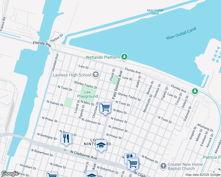 map of restaurants, bars, coffee shops, grocery stores, and more near 49386 Flood Street in New Orleans