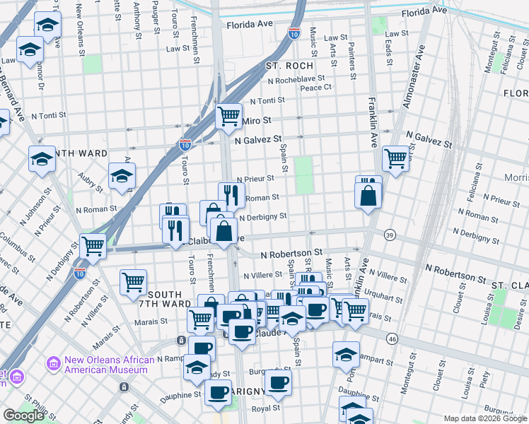map of restaurants, bars, coffee shops, grocery stores, and more near 2250 North Derbigny Street in New Orleans