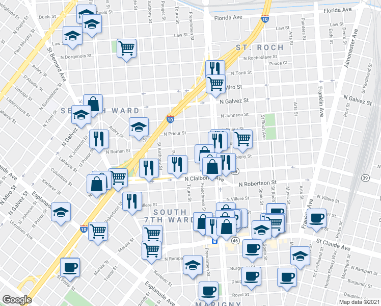 map of restaurants, bars, coffee shops, grocery stores, and more near 1702 Touro Street in New Orleans