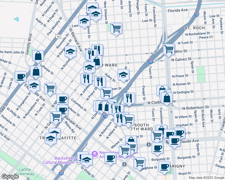 map of restaurants, bars, coffee shops, grocery stores, and more near 1714 New Orleans Street in New Orleans