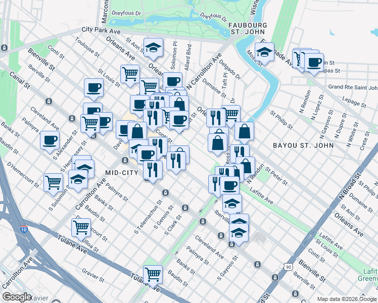map of restaurants, bars, coffee shops, grocery stores, and more near 3601 Conti Street in New Orleans