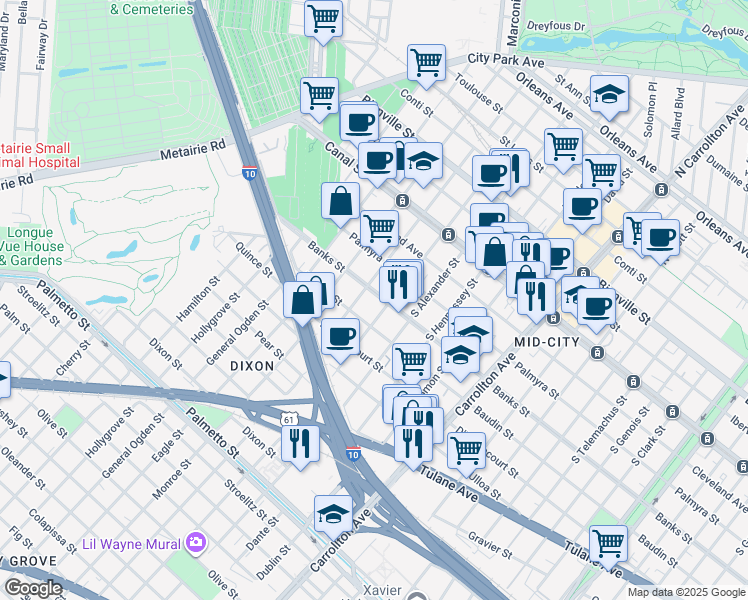 map of restaurants, bars, coffee shops, grocery stores, and more near 423 South Murat Street in New Orleans