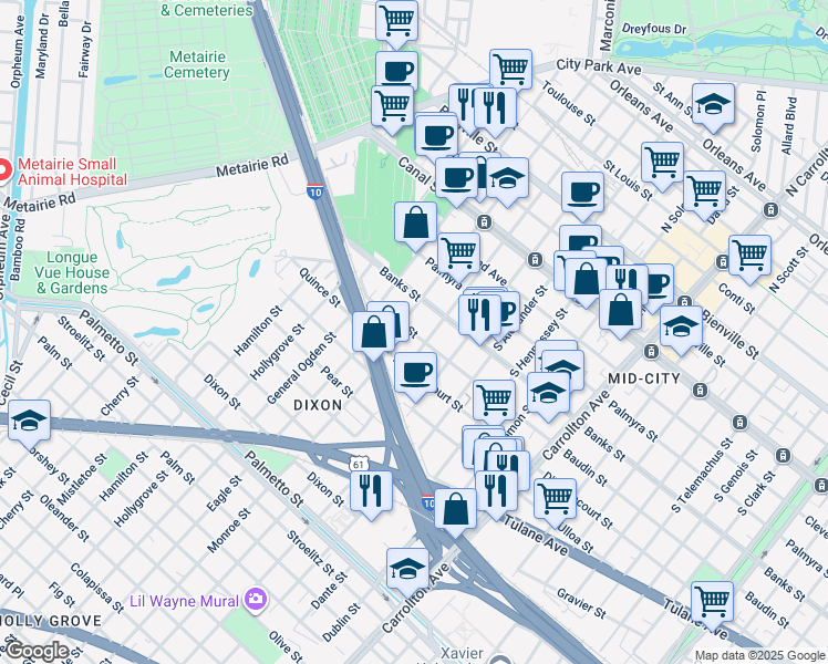 map of restaurants, bars, coffee shops, grocery stores, and more near 511 South Olympia Street in New Orleans