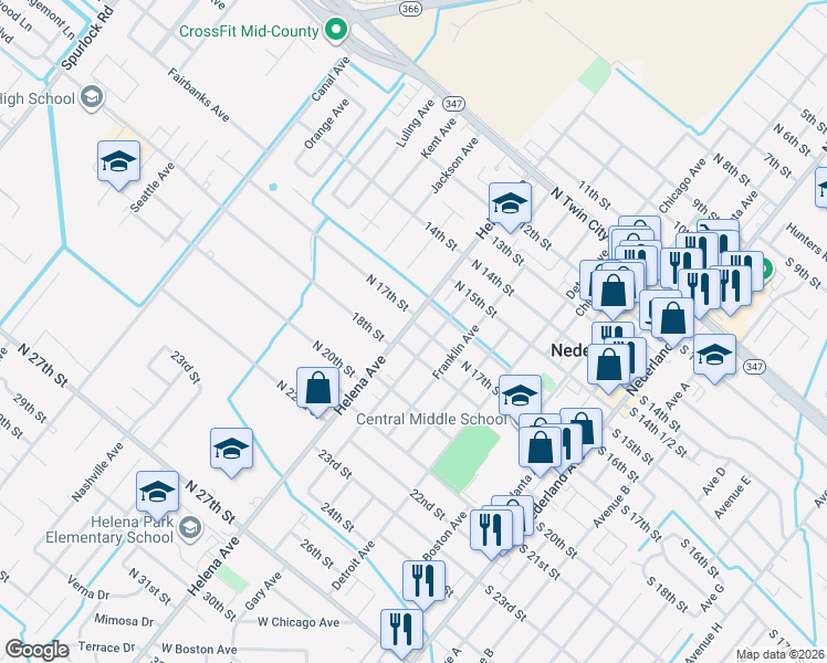 map of restaurants, bars, coffee shops, grocery stores, and more near 1716 Gary Avenue in Nederland